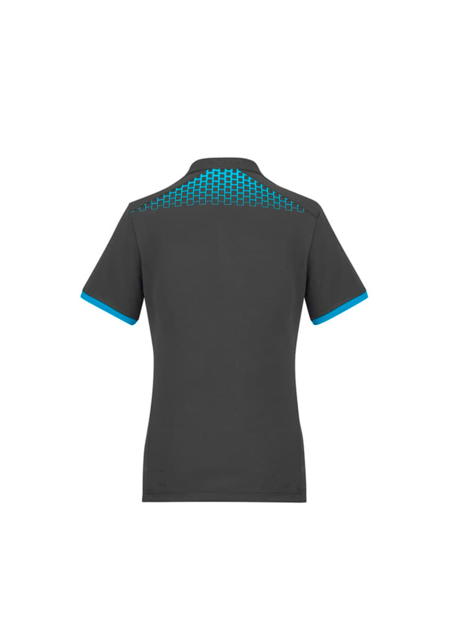 A black women's polo shirt featuring a blue grid pattern on the back and blue accents on the sleeves.