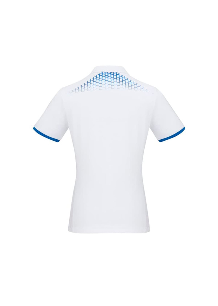 A white women's short sleeve polo shirt with a blue patterned design on the back and blue trim on the sleeves.