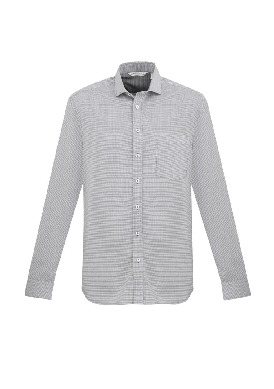 A grey long sleeve button-up shirt with a single chest pocket and a logo.
