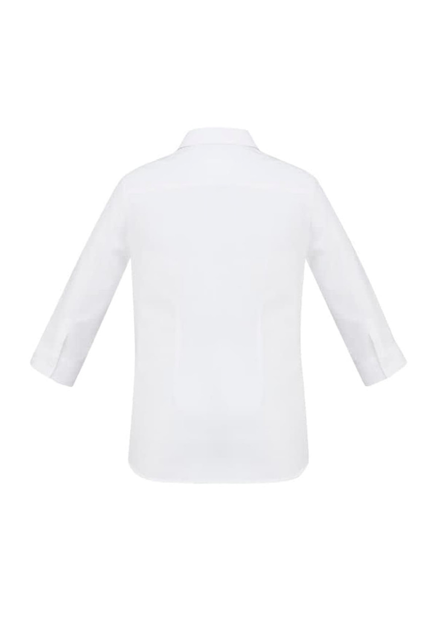 A white women's button-up shirt with a 3/4 sleeve design and a simple back detail. It features a logo.