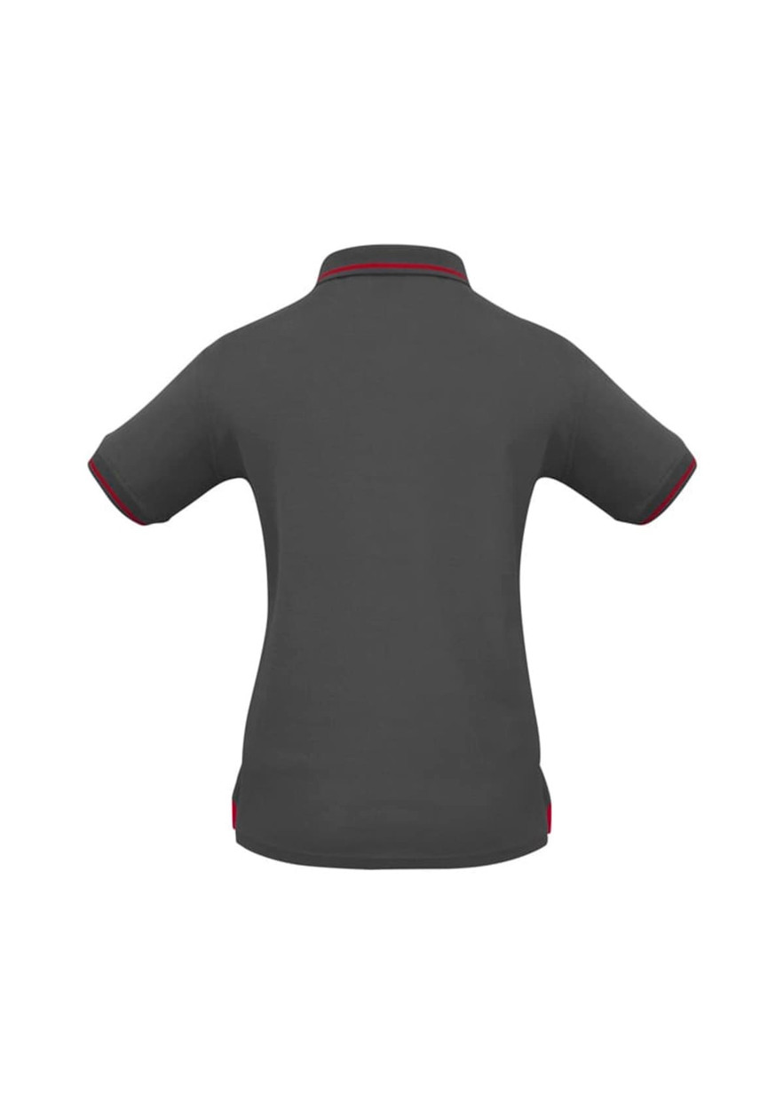 A grey women's short sleeve polo shirt with contrasting trim and a logo on the back.
