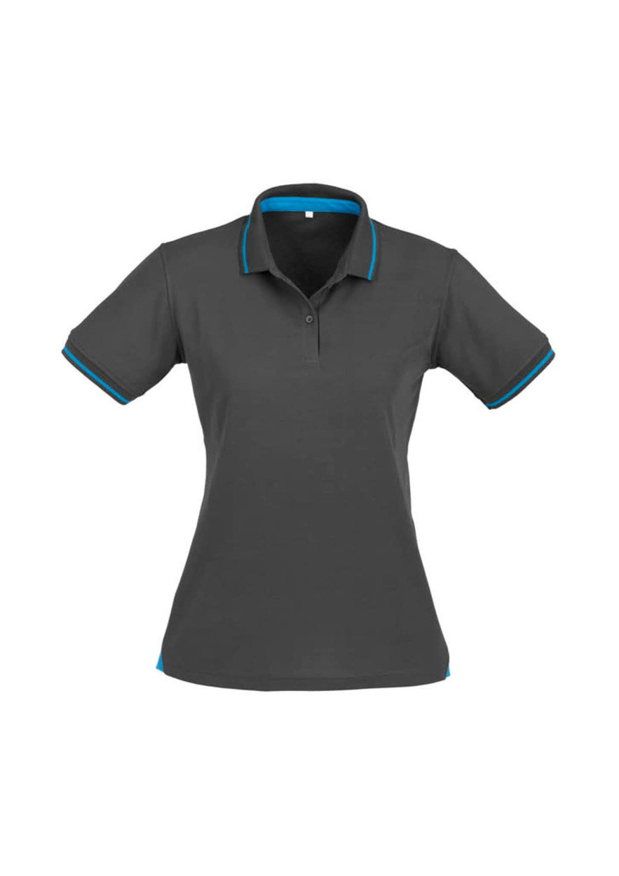 A women's short sleeve polo shirt in dark grey with blue detailing and a logo on the chest.