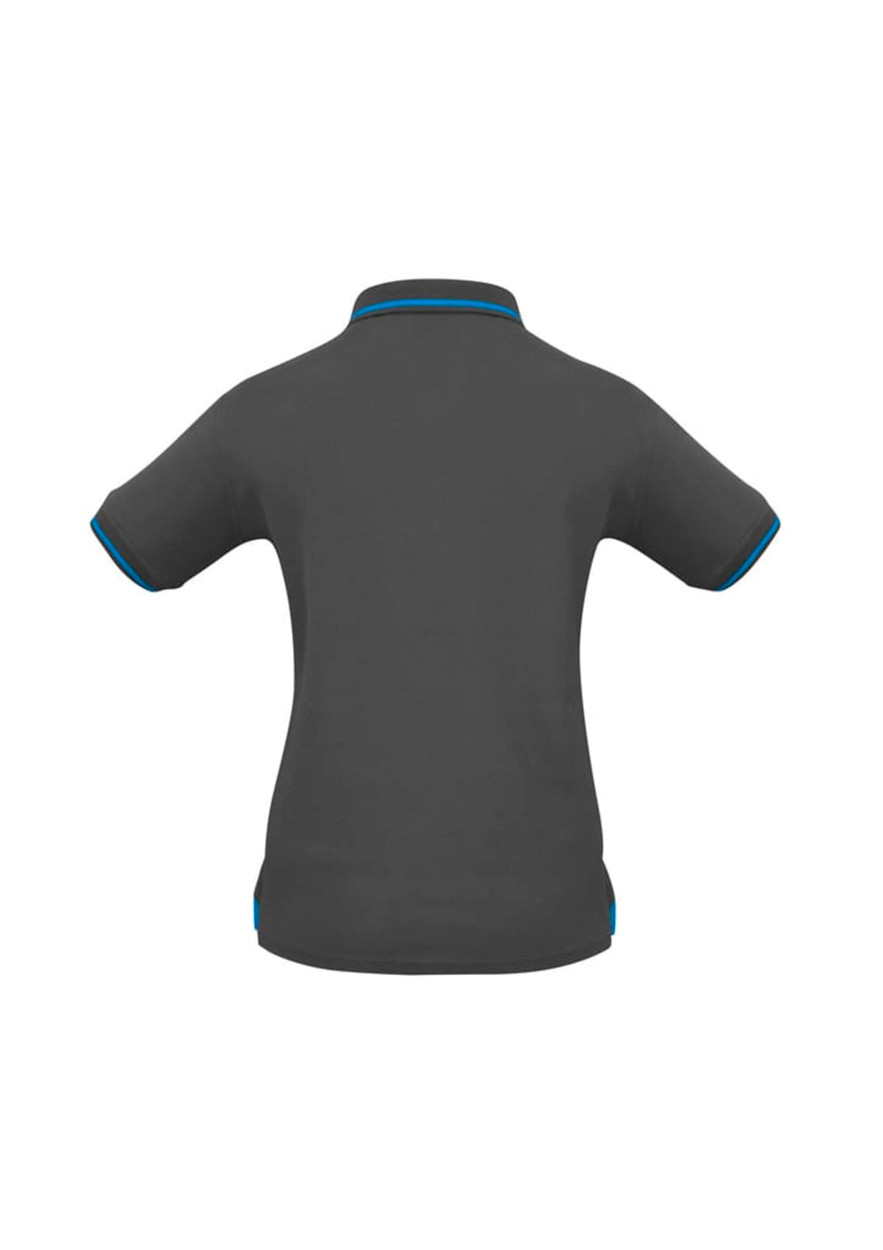 A charcoal women's polo shirt with short sleeves and contrasting blue trim. It features a logo on the side.