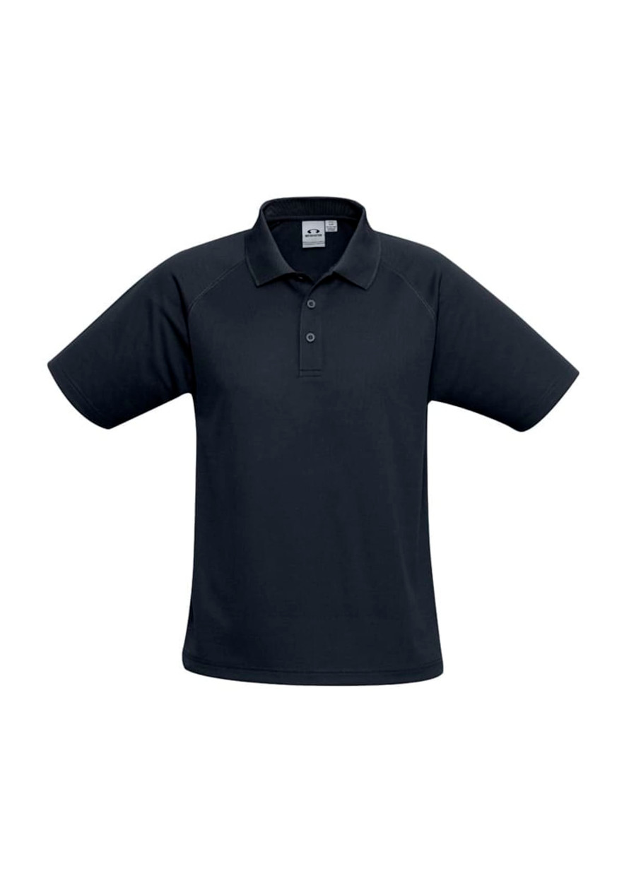 A black short sleeve polo shirt with a collar and a logo on the chest.