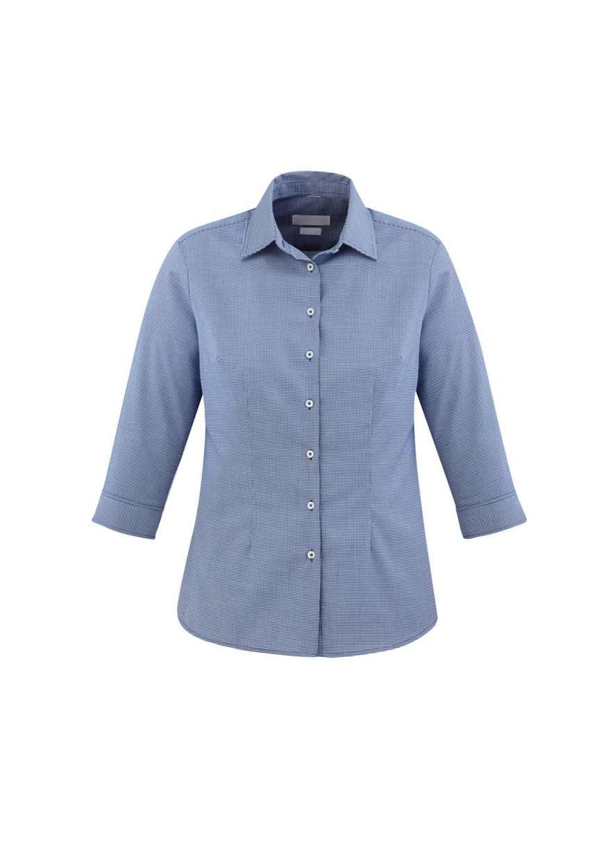 A blue, button-up shirt with 3/4 sleeves and a collar, featuring a subtle pattern and a logo.