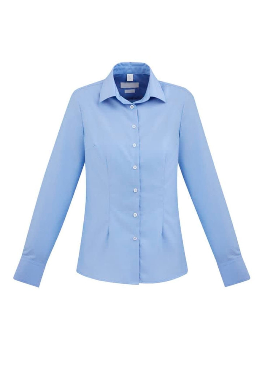 A light blue women's button-up shirt with long sleeves and a collar, featuring front buttons.