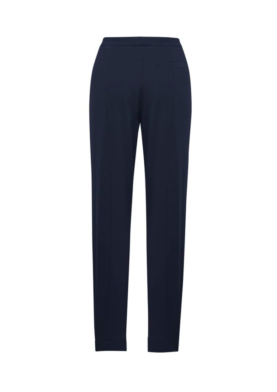 A pair of women's navy slacks with a tapered fit and a back pocket, featuring a subtle logo.