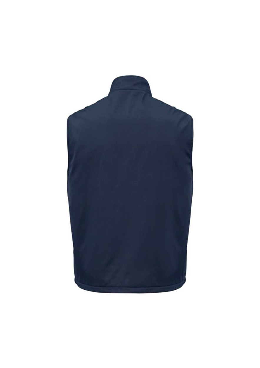 A unisex reversible fleece vest in navy, featuring a high collar and no sleeves, with a logo at the back.