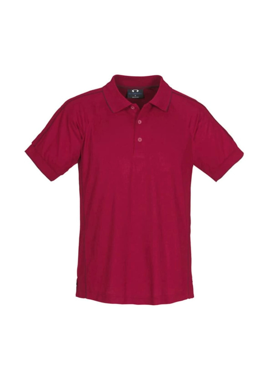 A maroon short sleeve polo shirt featuring a collar and a logo. Suitable for casual wear.