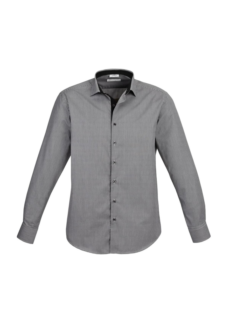 A button-up long sleeve shirt in grey with a subtle pattern and contrasting black collar. It features a logo.
