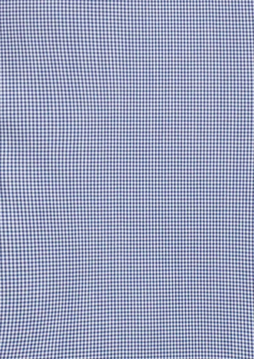 A patterned navy and white fabric featuring a small check design, suitable for a button-up shirt.
