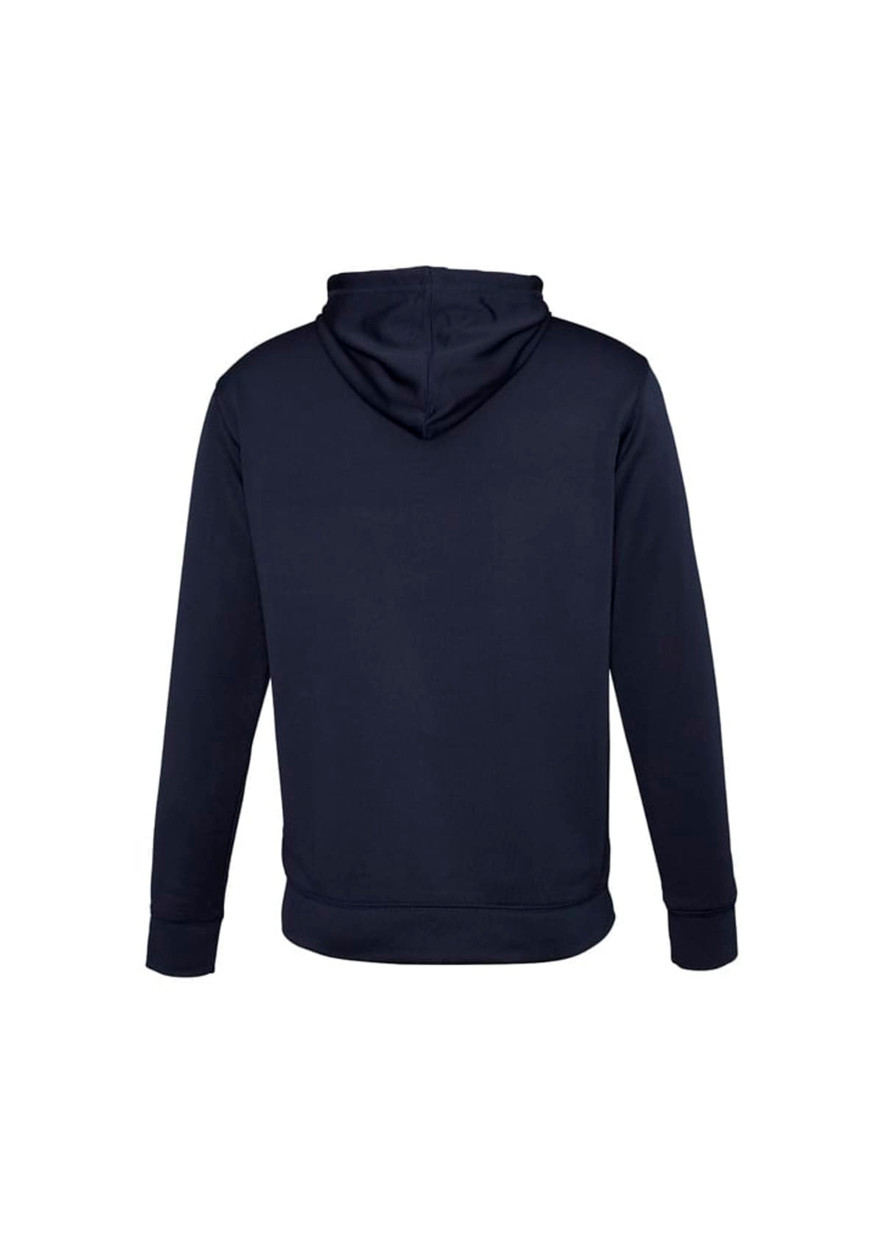 A men's hoodie in navy blue, featuring a hood and long sleeves, with a logo on the back.