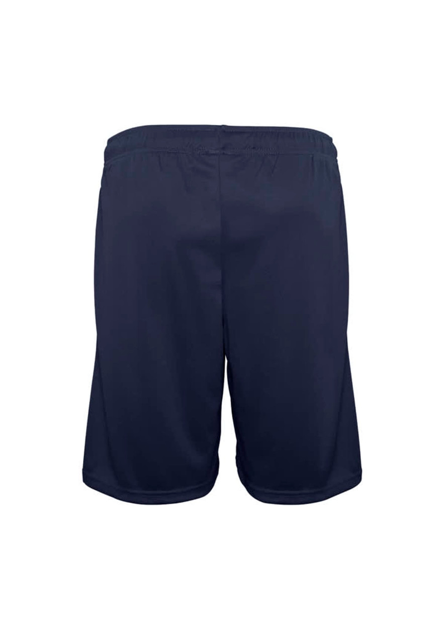 Navy sports shorts featuring an elastic waistband and a simple design, with a branding logo present.