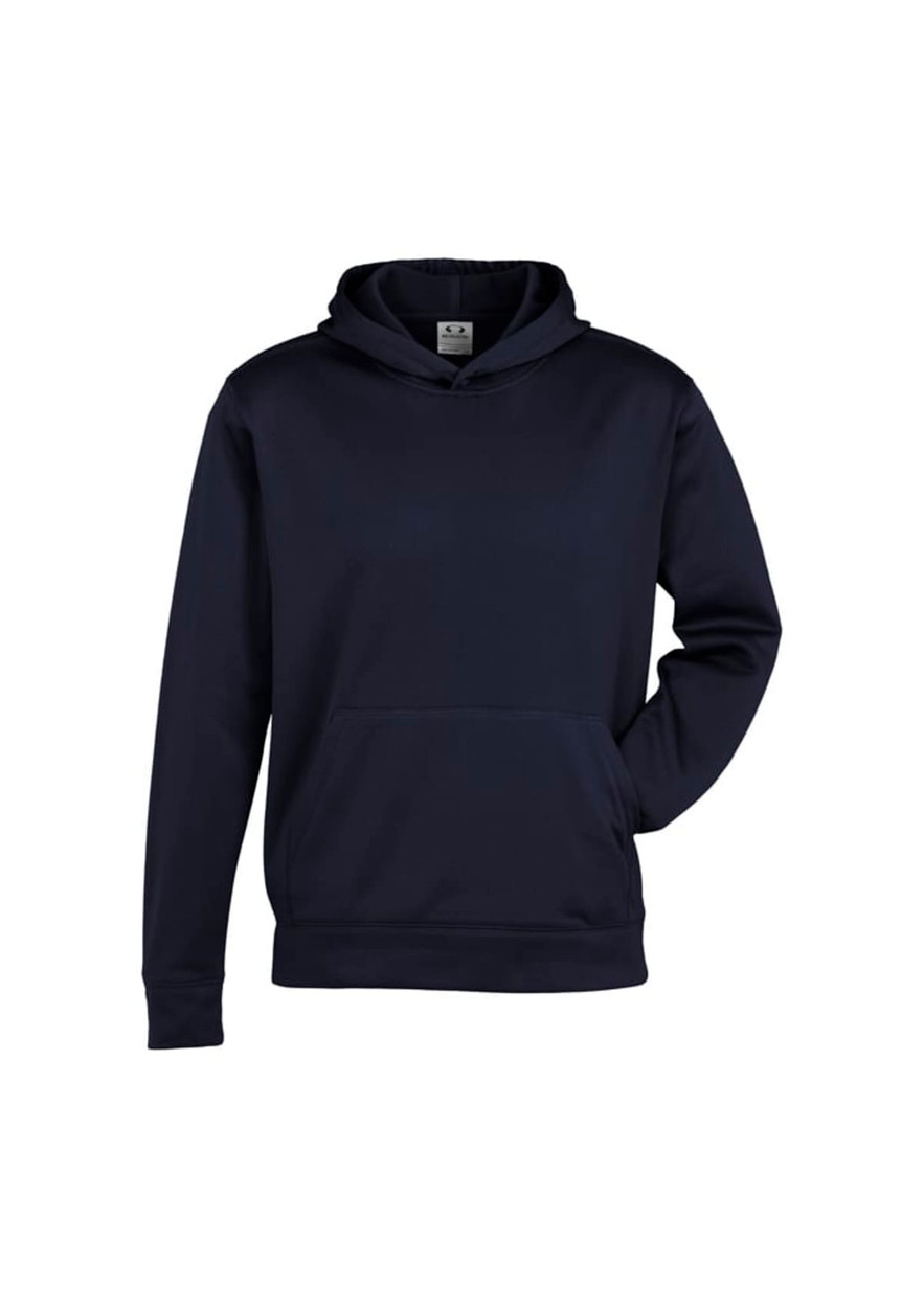 A navy hoodie with a kangaroo pocket and a hood, featuring a small logo.