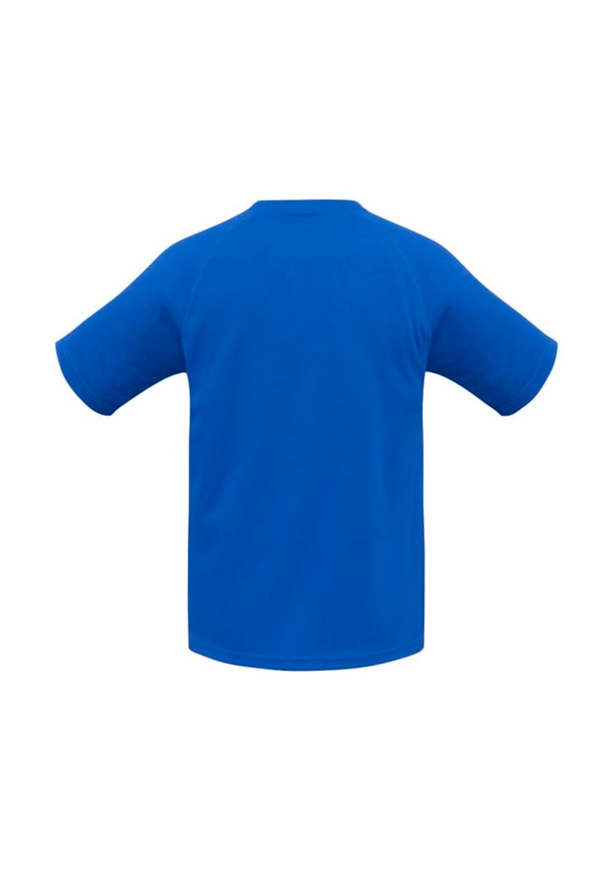 A blue short sleeve tee with a raglan style and a plain back. Features a logo.