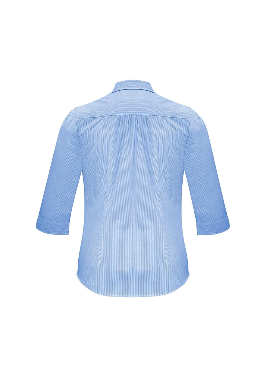 A women's blue 3/4 sleeve button-up shirt featuring a back pleat design and a logo.