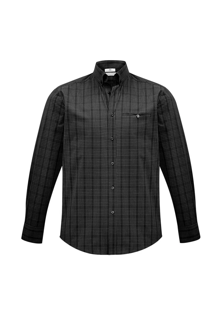 A black and grey plaid long sleeve button-up shirt with a chest pocket and a collar. It features a logo.