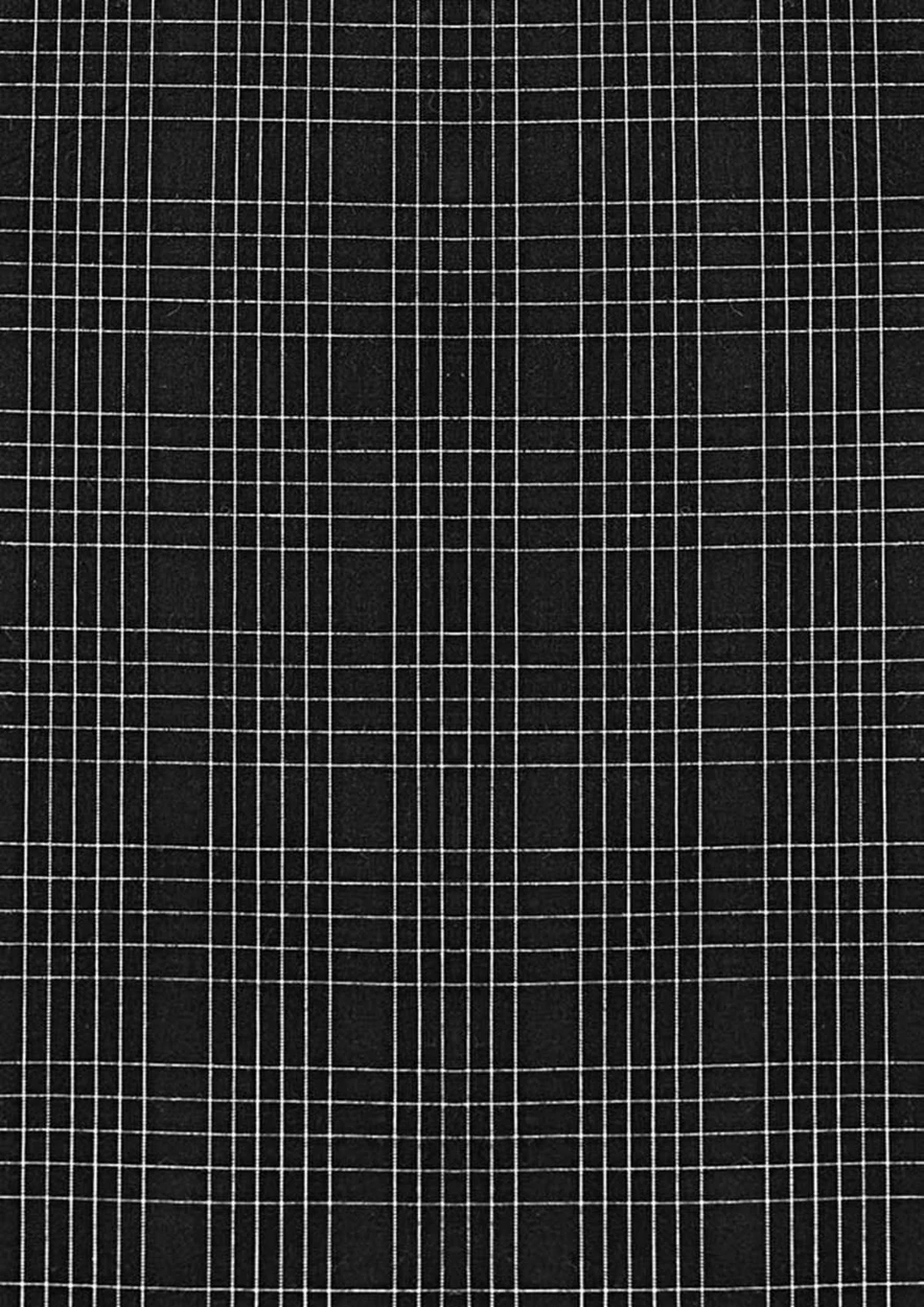 A patterned fabric featuring a black background with white grid lines, suitable for men's long sleeve shirts.