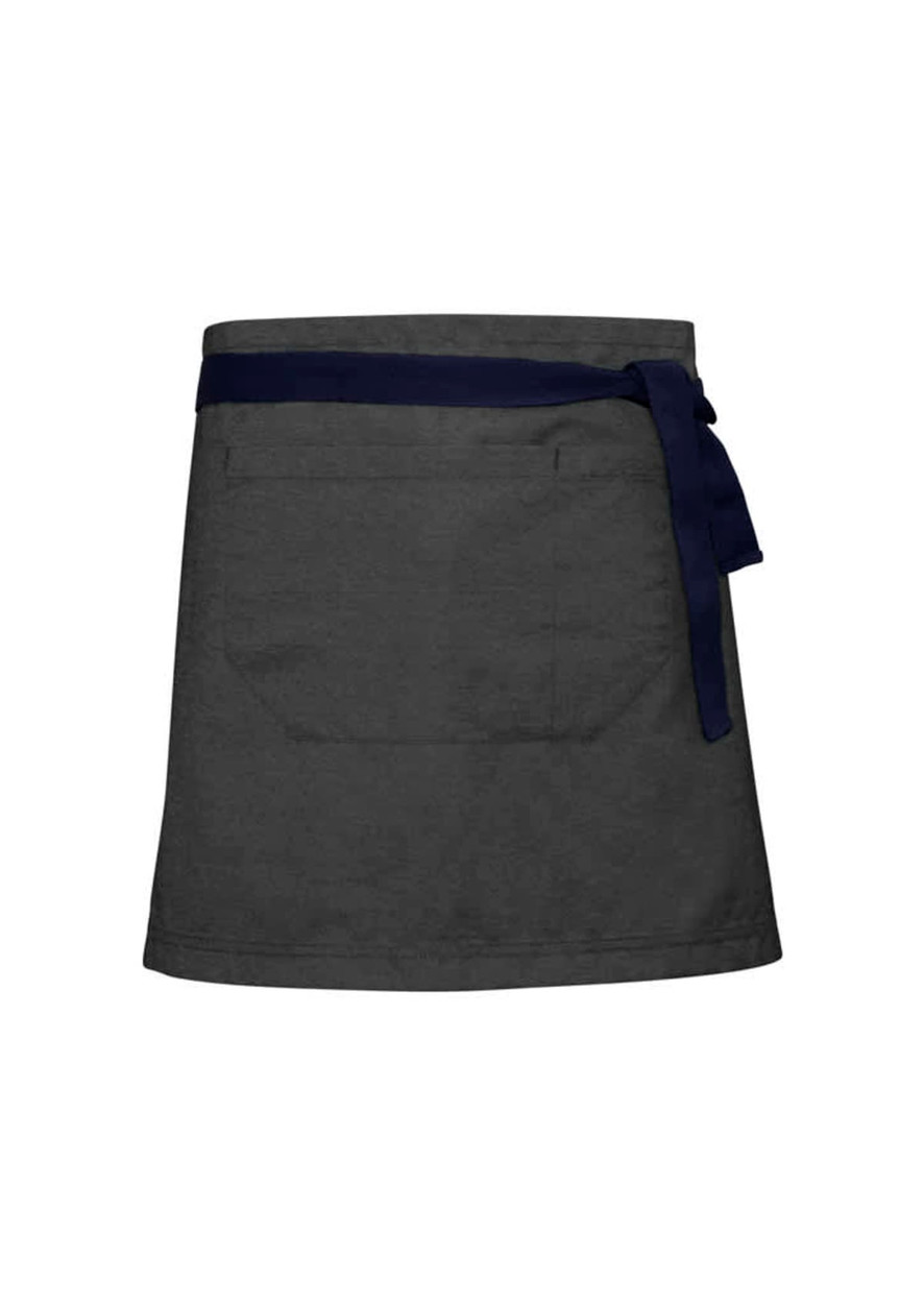 A dark grey waist apron with a navy tie, featuring a large pocket on the front.