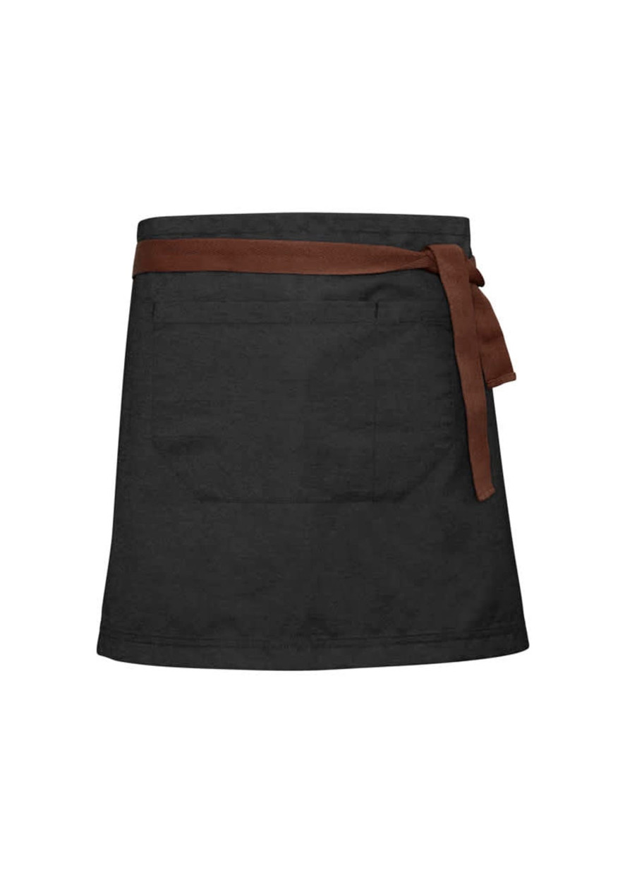 A black waist apron with a brown tie belt, featuring a pocket on the front. It has a simple design.