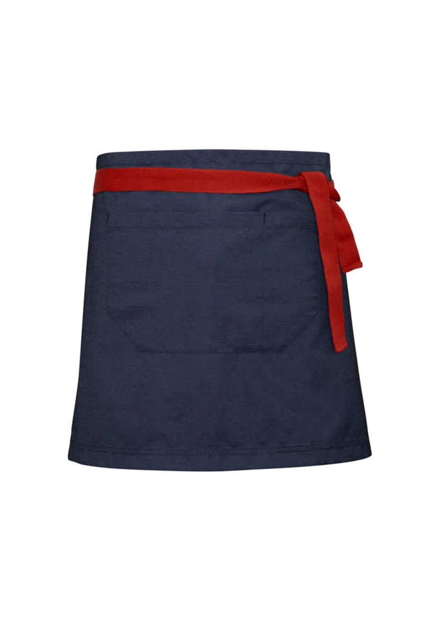 A navy waist apron with a red strap, featuring a large pocket at the front. Includes a logo.