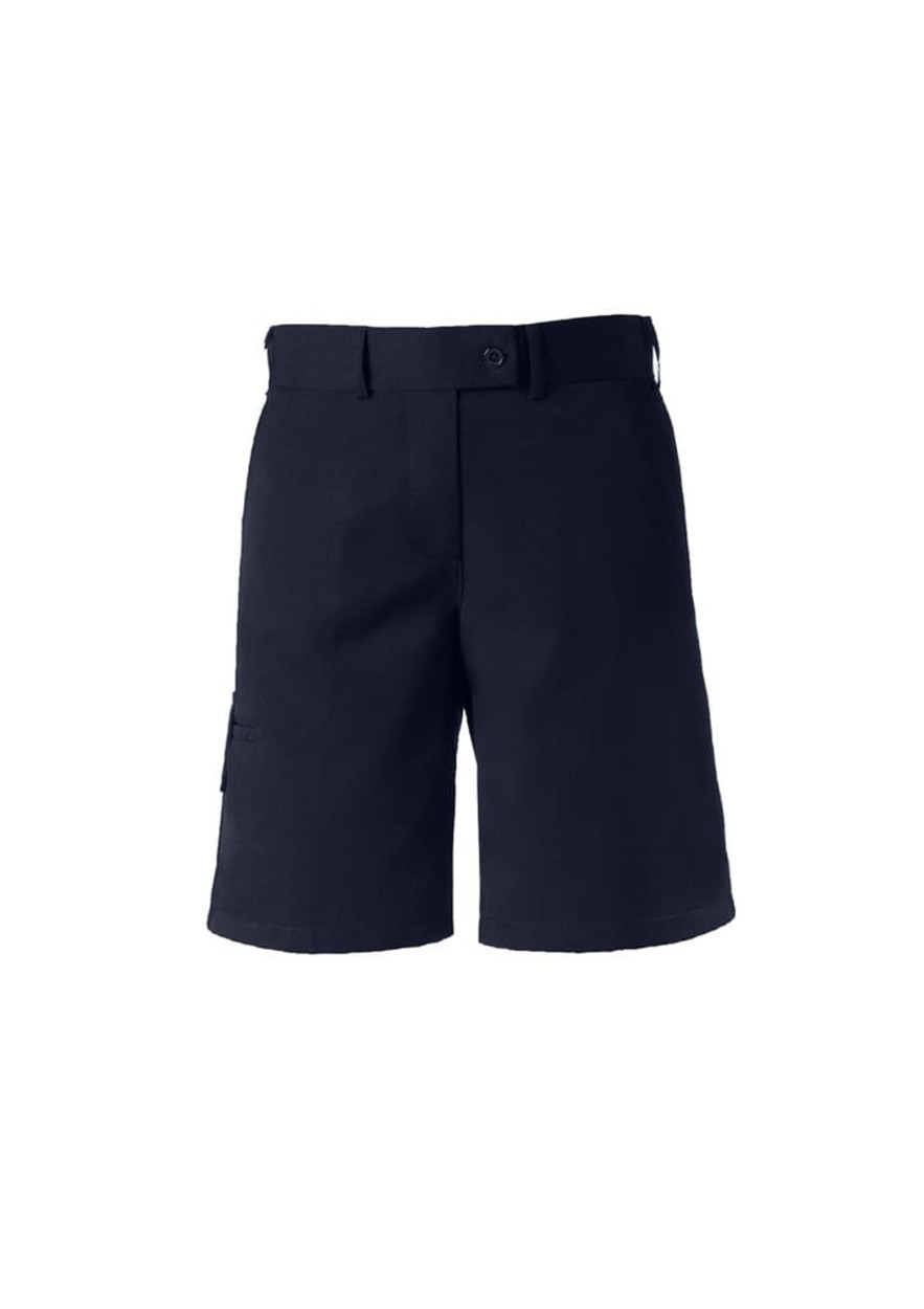 A pair of navy dress shorts for women featuring a front button and side pockets, with a logo on the side.