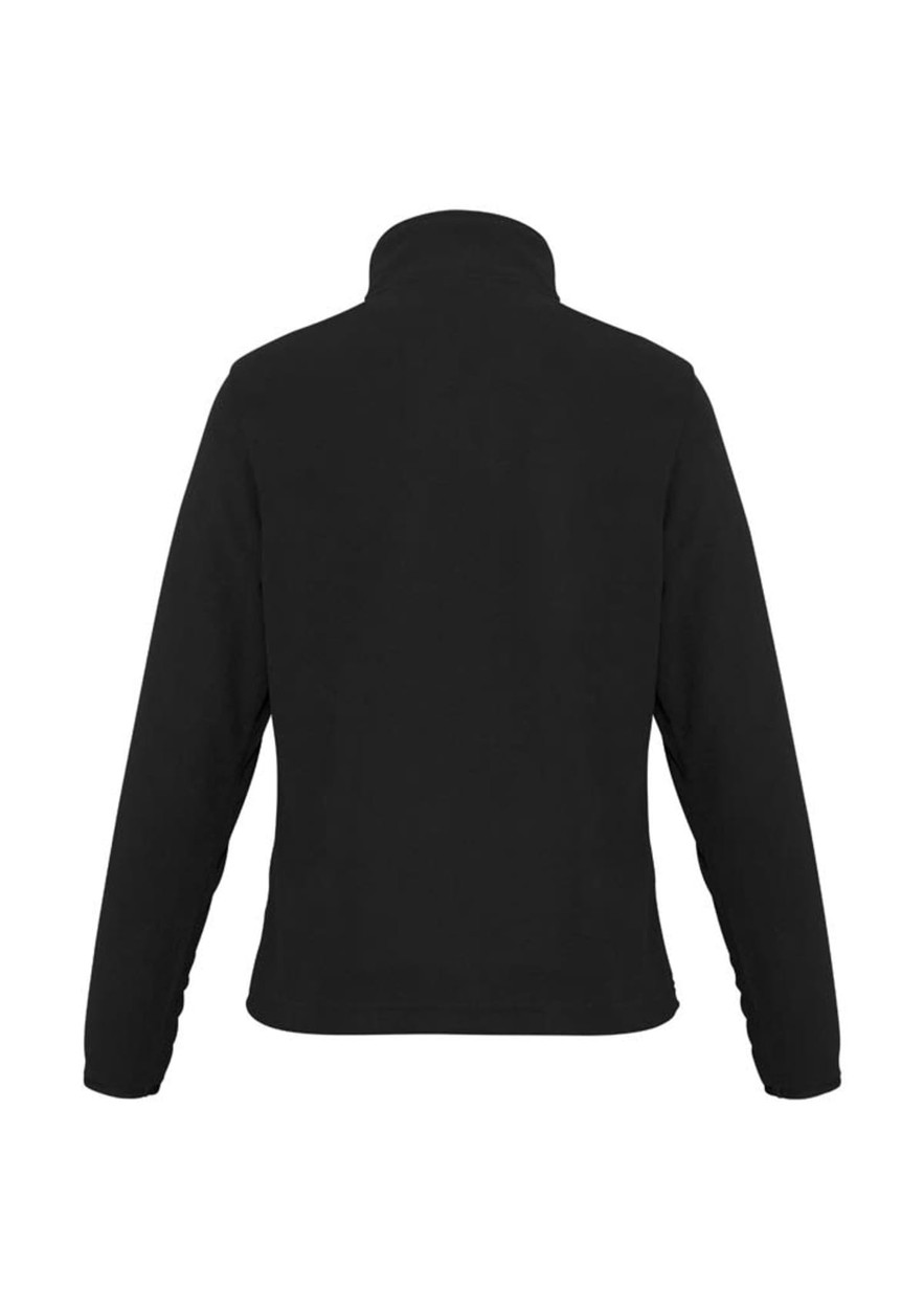 A black polar fleece women's jacket featuring a high collar and long sleeves, with a logo on the back.