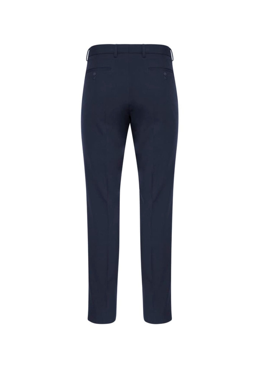 A pair of men's classic slim pants in navy blue, featuring a smooth back design with pockets and a branded label.
