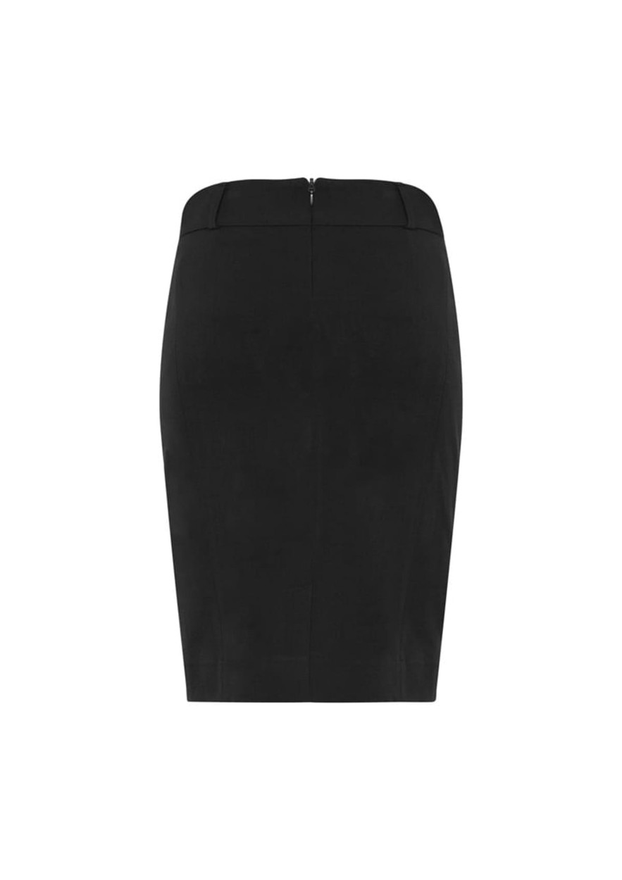 A fitted black skirt with a concealed zipper at the back, featuring a sleek and minimalistic design.