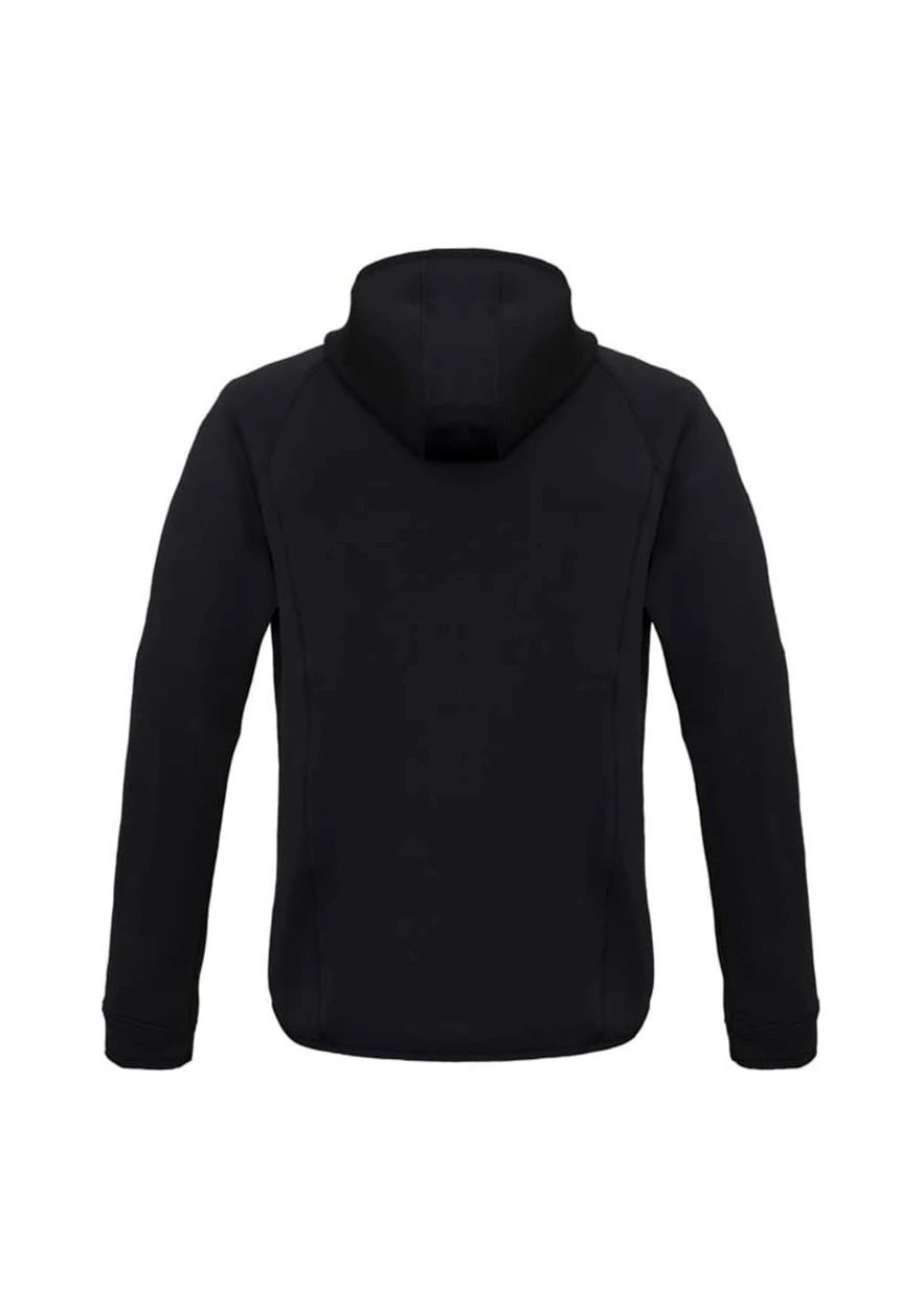 A black puffer jacket featuring a hood and a sleek, streamlined design, showcasing the back view.