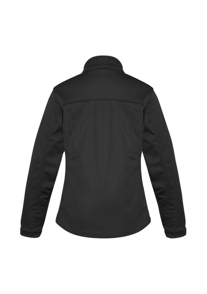 A women's softshell jacket in black, featuring a simple design and a branded logo on the back.