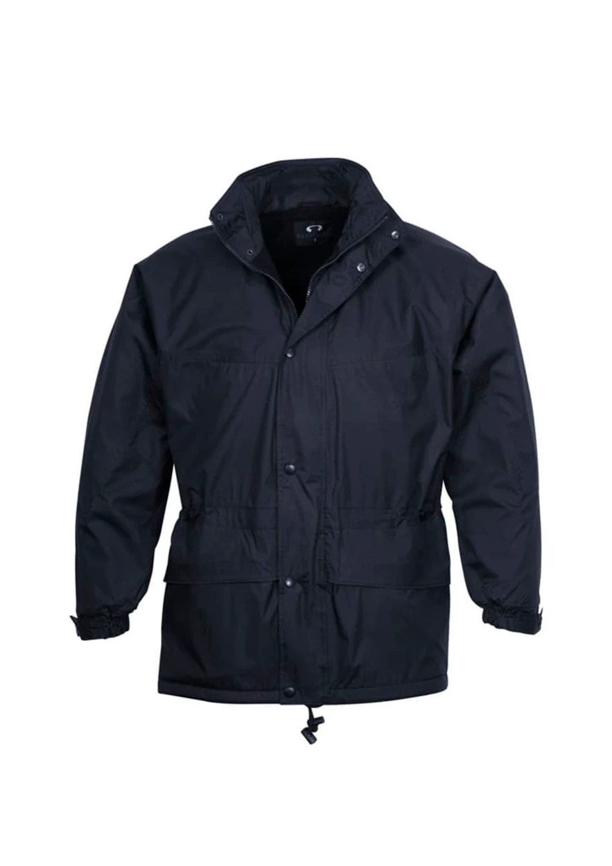A black unisex puffer jacket featuring a zip and button closure, adjustable cuffs, and a collar. It has a logo.