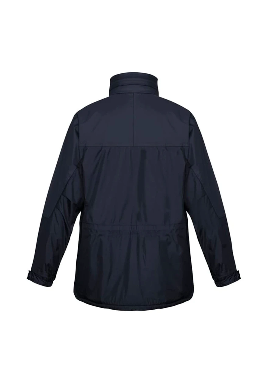 A black unisex puffer jacket with a back view, featuring a logo on the side.
