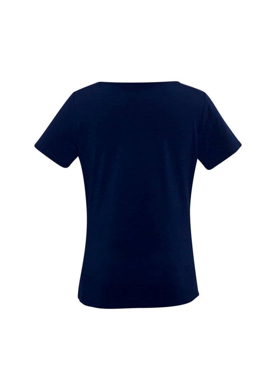 A navy blue women's top with short sleeves and a round neckline. It has a plain design and a branding logo.