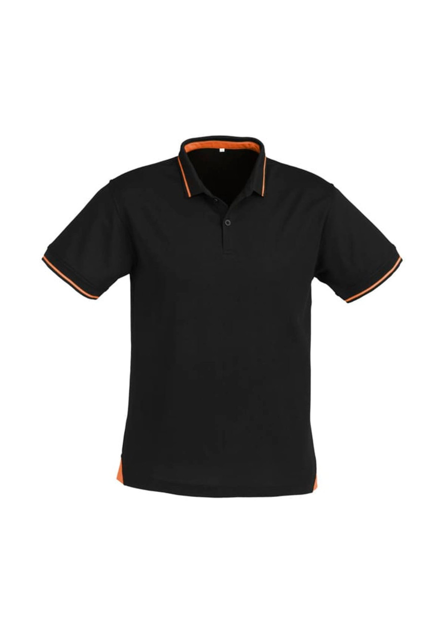 A black short sleeve polo shirt with orange detailing on the collar and hem, featuring a logo.