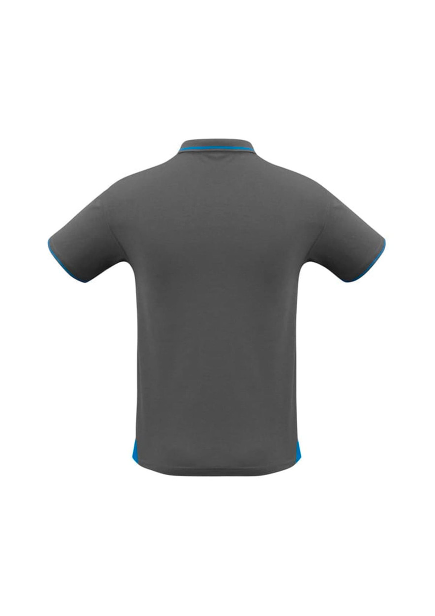 A men's polo shirt in grey with blue accents, featuring short sleeves and a collar. The back view is displayed.