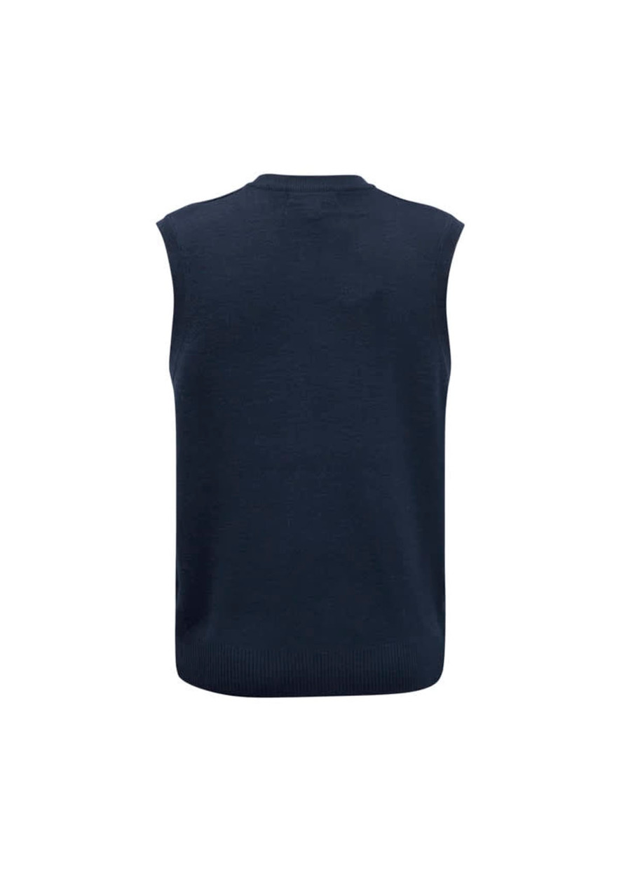 A men's woolmix knit vest in navy blue, featuring a sleeveless design and ribbed hem. The back displays a brand logo.
