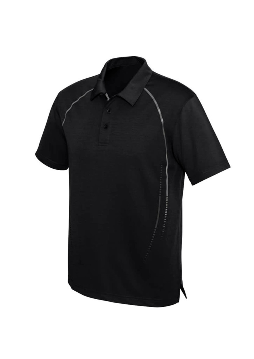 A black short sleeve polo shirt featuring a subtle design and a logo on the front.