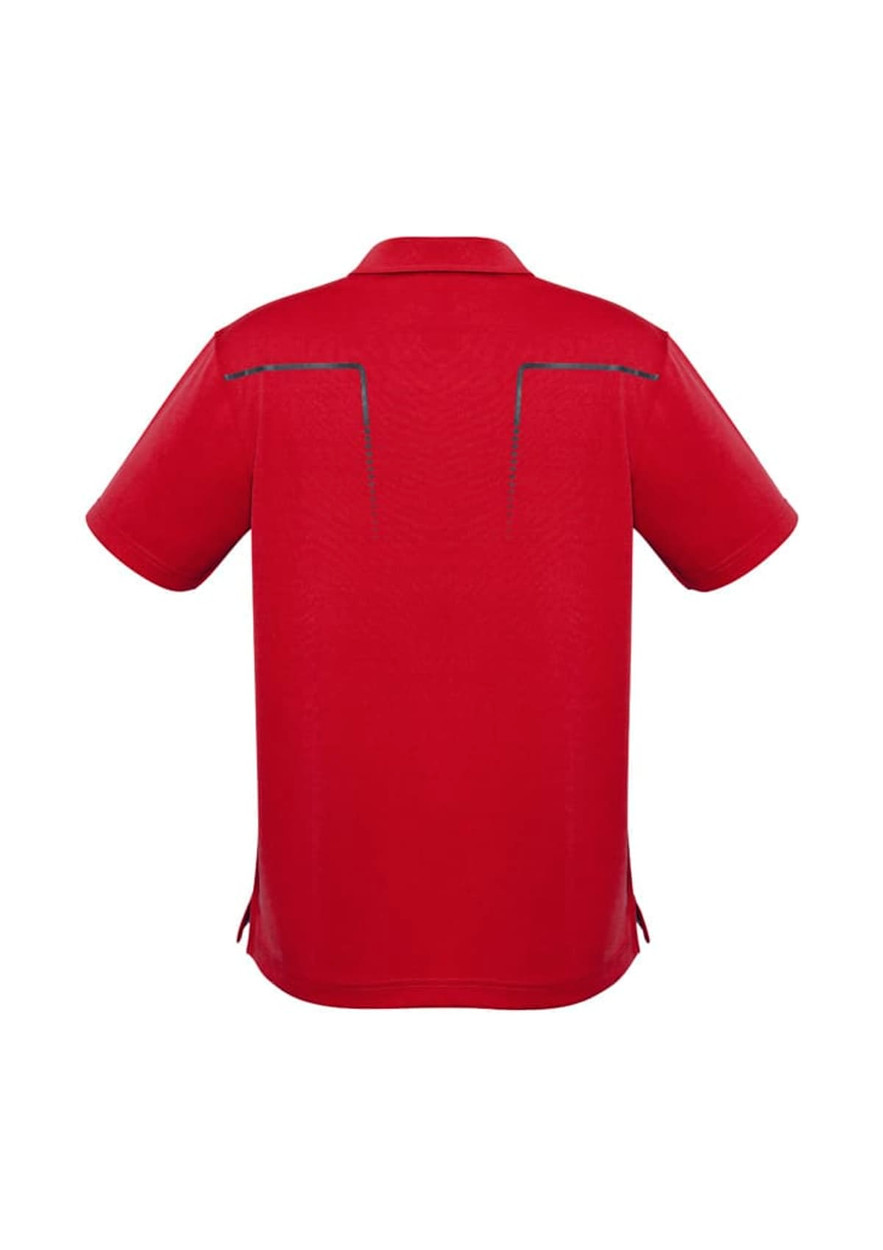 A red men's short sleeve polo shirt featuring a subtle design element and a logo. Back view displayed.