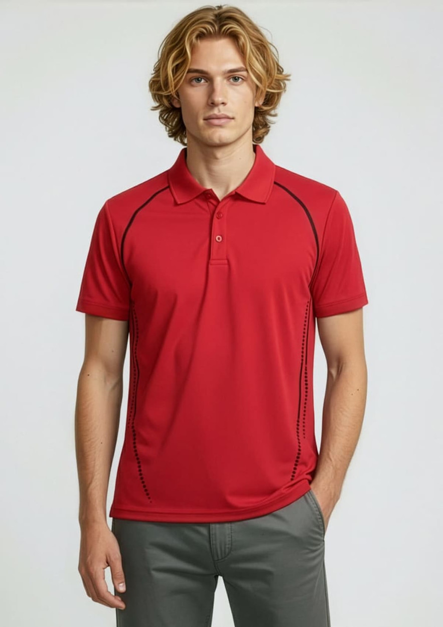 A red short sleeve polo shirt with black accents and a branded logo. Model stands confidently wearing it.