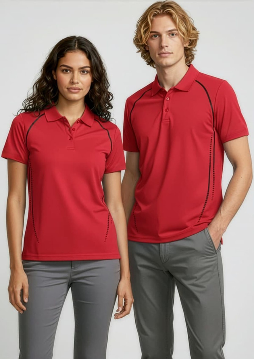 A red short sleeve polo shirt for men and women, featuring a design with contrasting seams and a logo.
