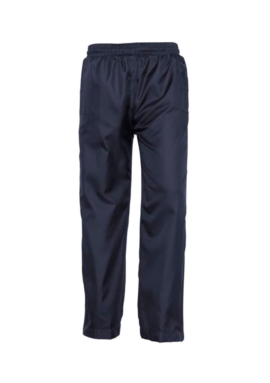 Navy track pants with an elastic waistband, featuring side pockets and a small logo. Ideal for active kids.