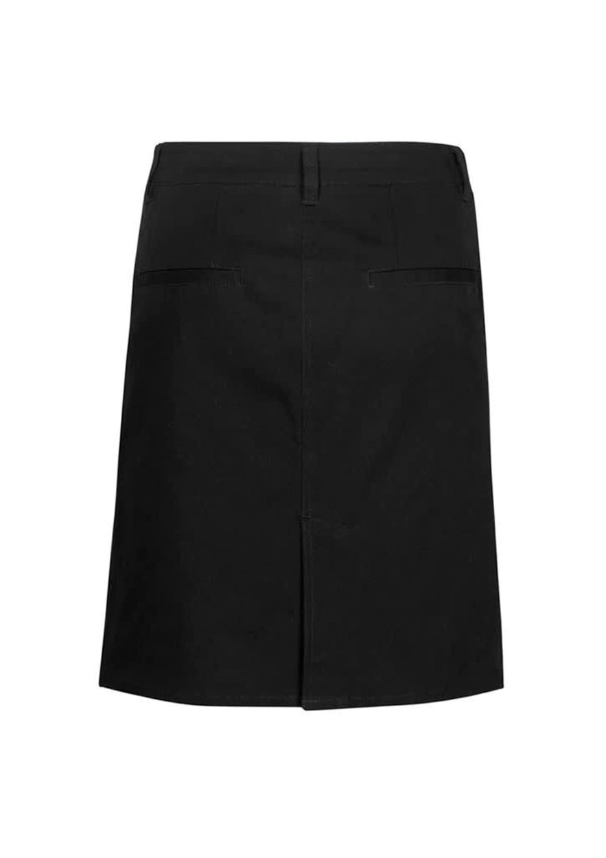A black women's Lawson skirt featuring a straight cut and back pockets. The skirt includes a single back vent.