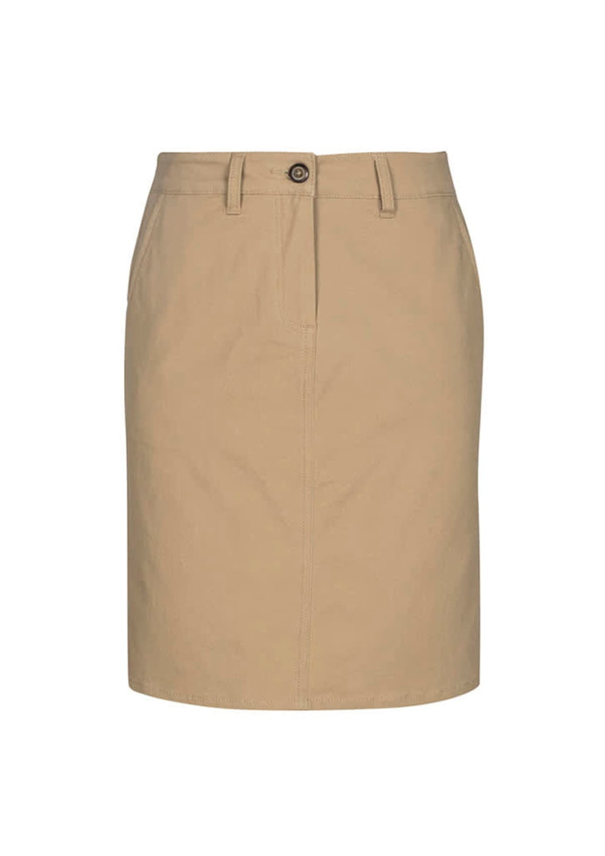 A khaki women's skirt featuring a front button closure and two side pockets. It has a simple and classic design.