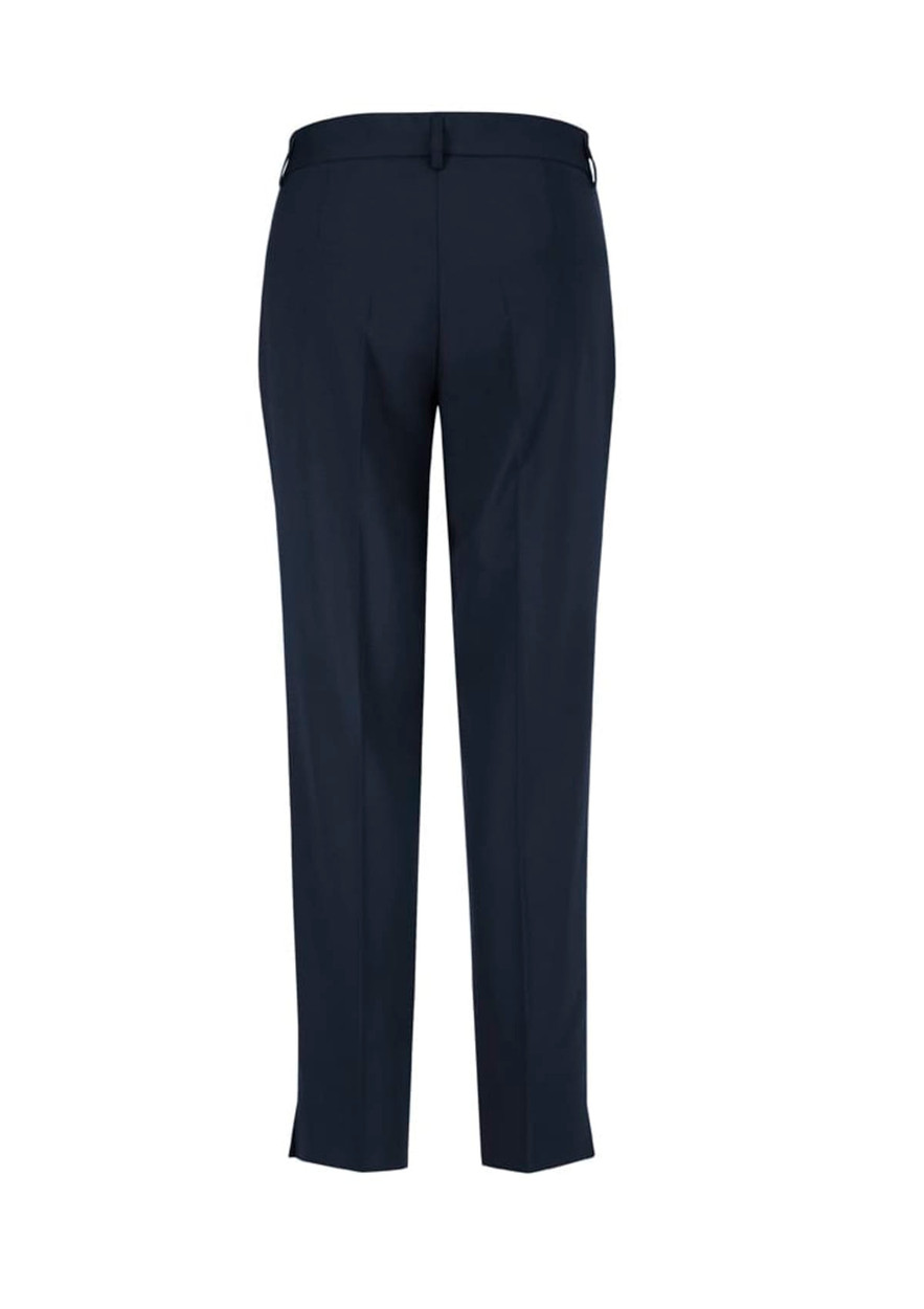A pair of women's slim leg pants in a dark navy fabric, featuring back pockets and a tailored fit.