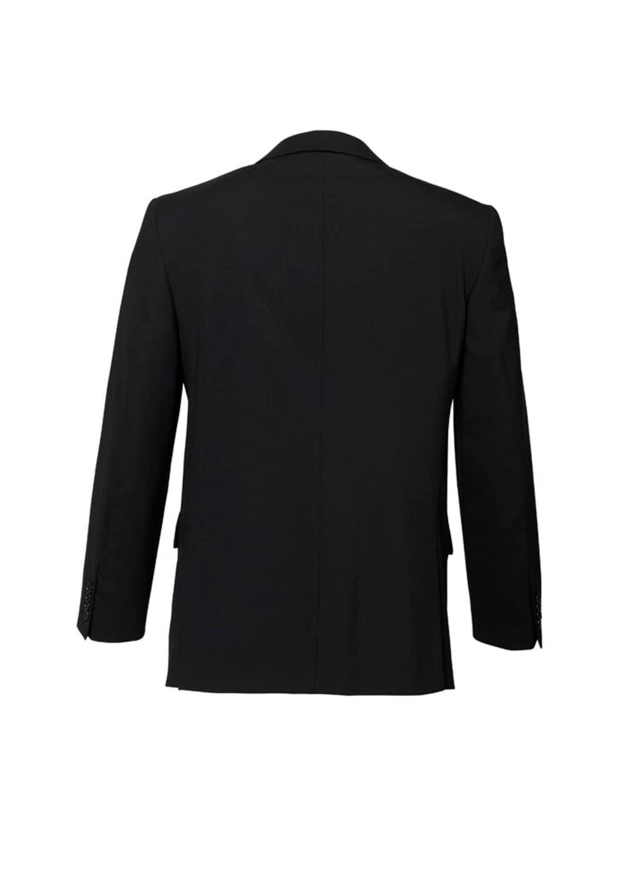 A black wool stretch blazer jacket featuring a two-button design and classic silhouette. The back has a clean finish.