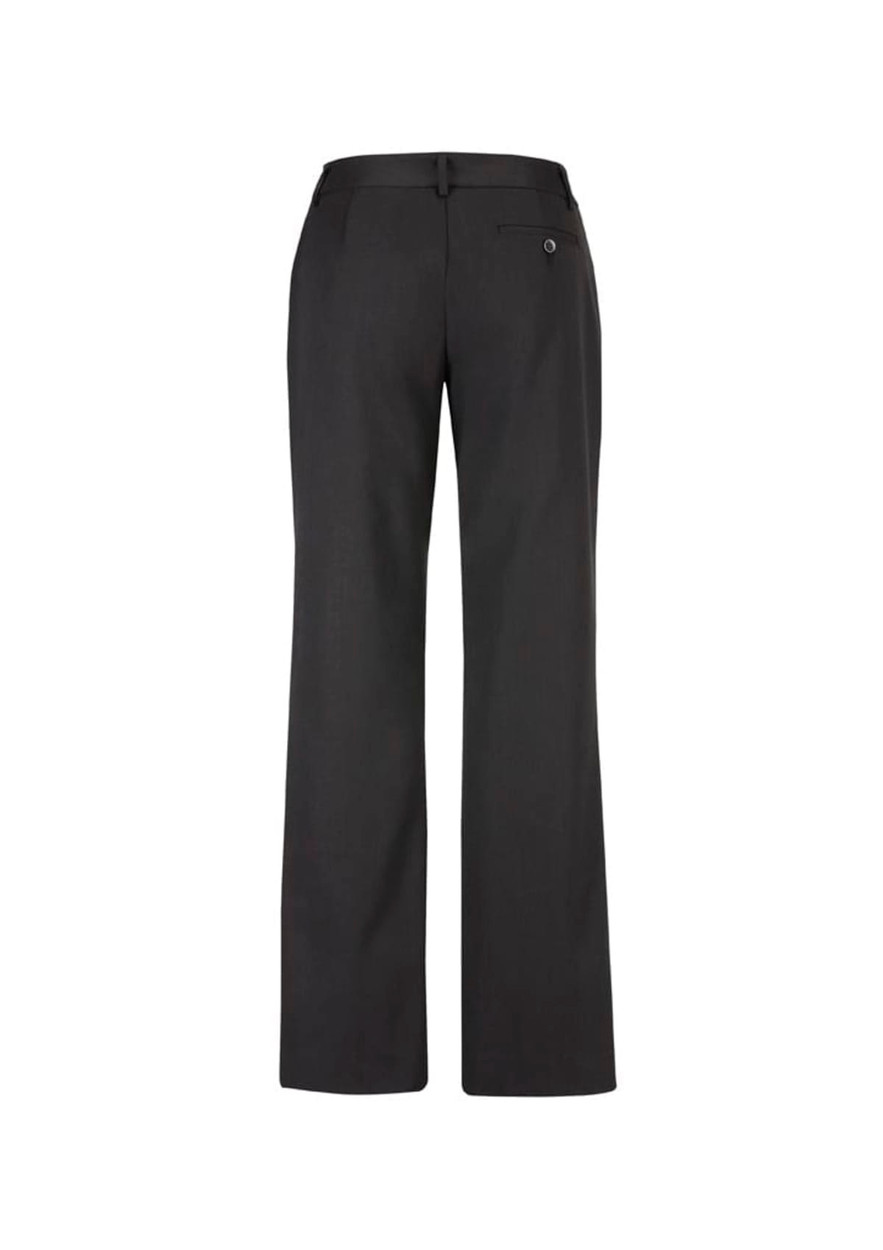 Black women's relaxed pants with a straight leg design and a single back pocket, featuring a logo.