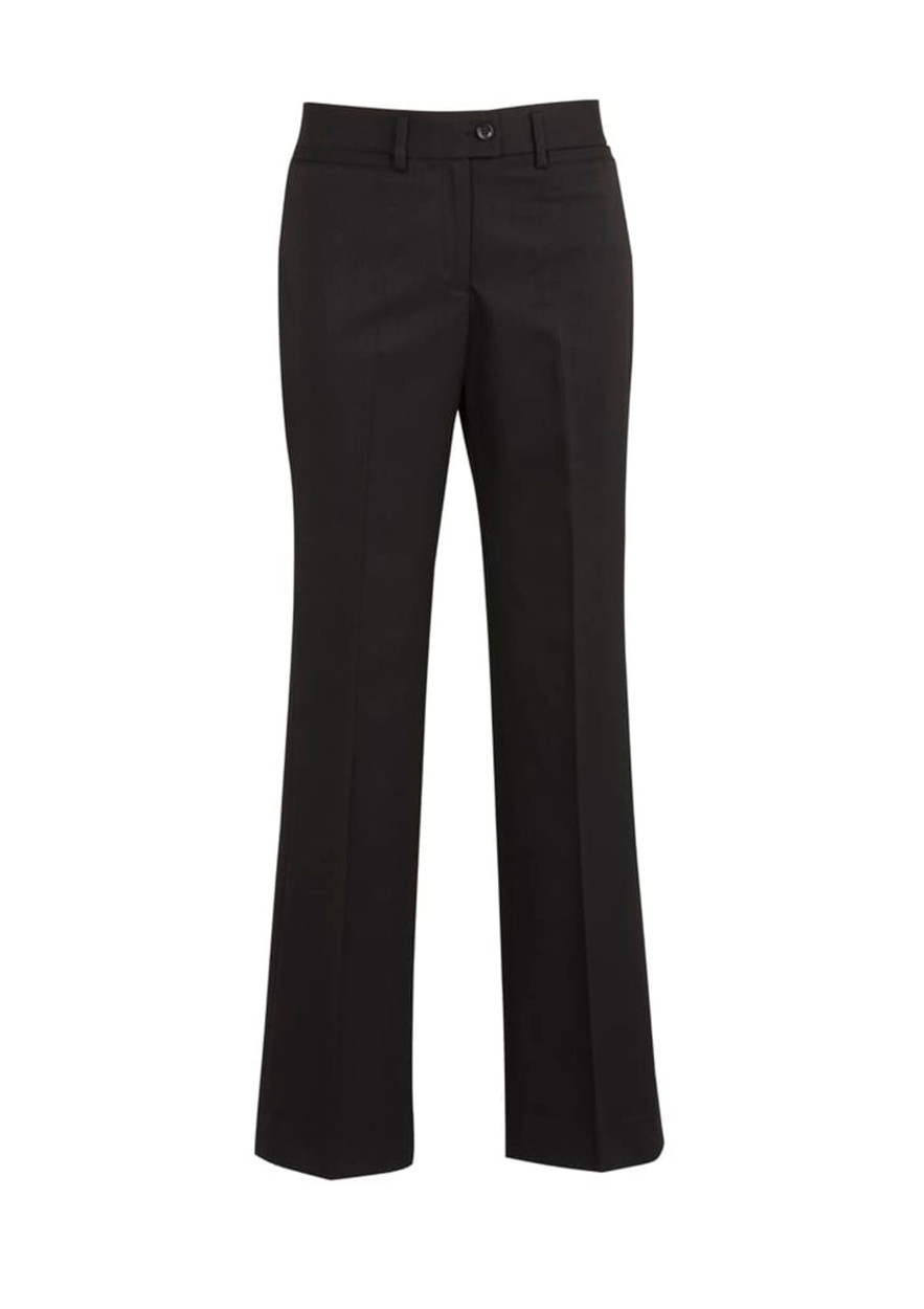 A pair of black relaxed pants with a flared design, featuring a waistband and pockets. The product has a logo.