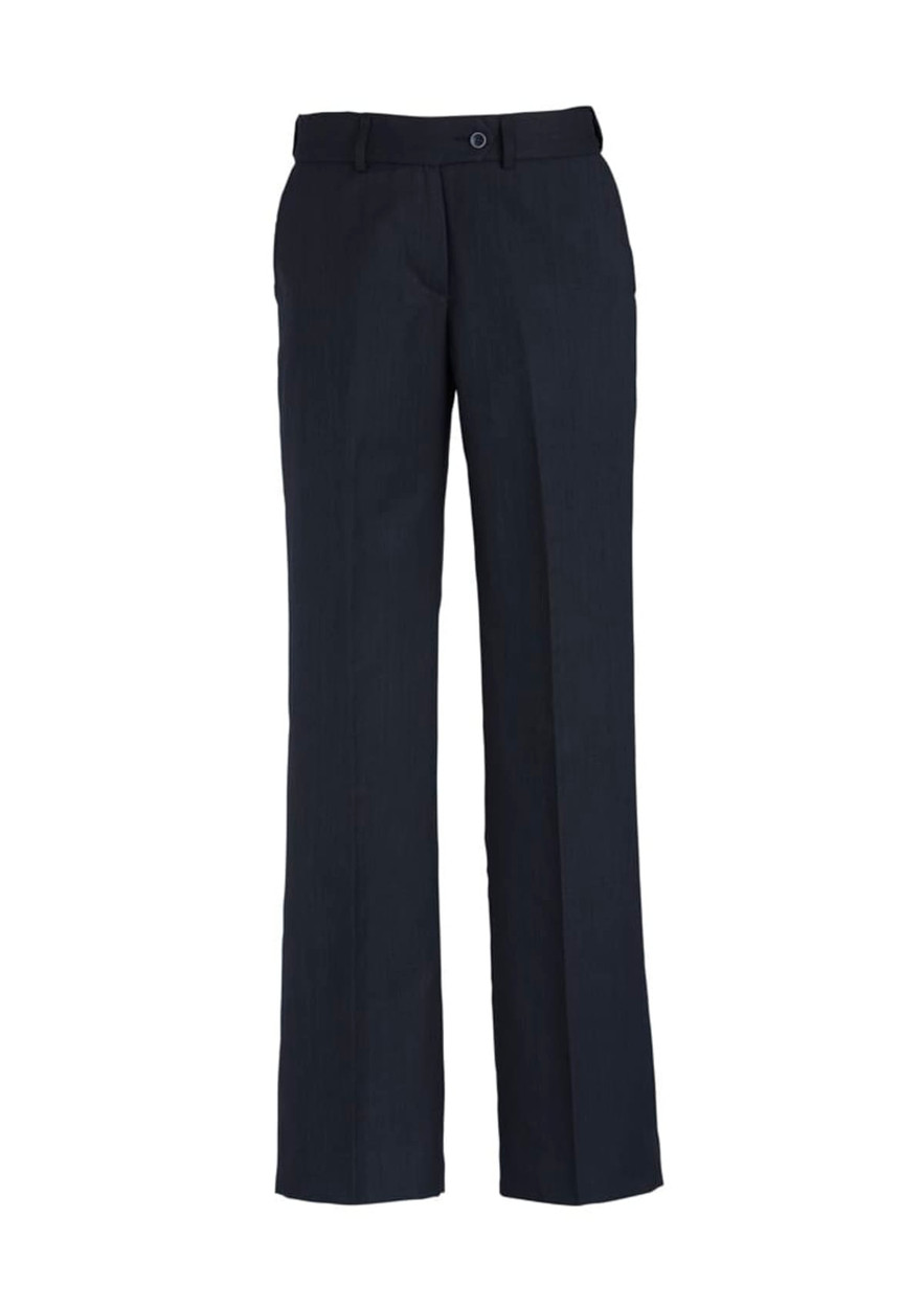 Adjustable waist pants in navy blue with a straight leg design. The item features a brand logo.