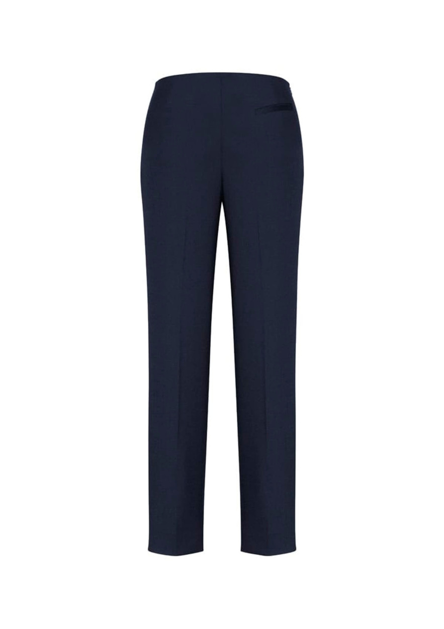 Navy blue women's slim leg pants with a bandless design and a single back pocket. Includes a logo.